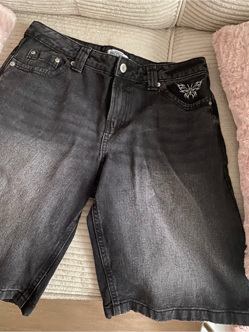 Black Denim Shorts with Embroidered & Print Butterfly